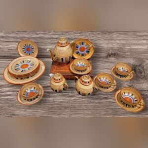 VTG 1920s Japanese Thousand Faces Delicate Egg Shell 21 Pc Tea Set, Cups Saucers
